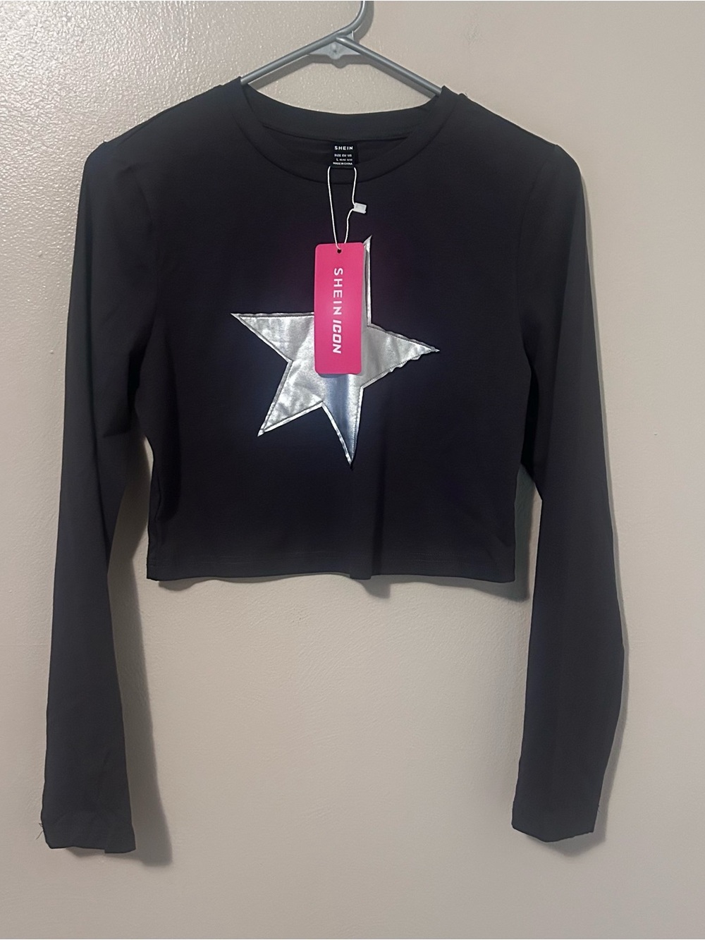 SHEIN Charcoal Long Sleeve Cropped Tee with Silver Star